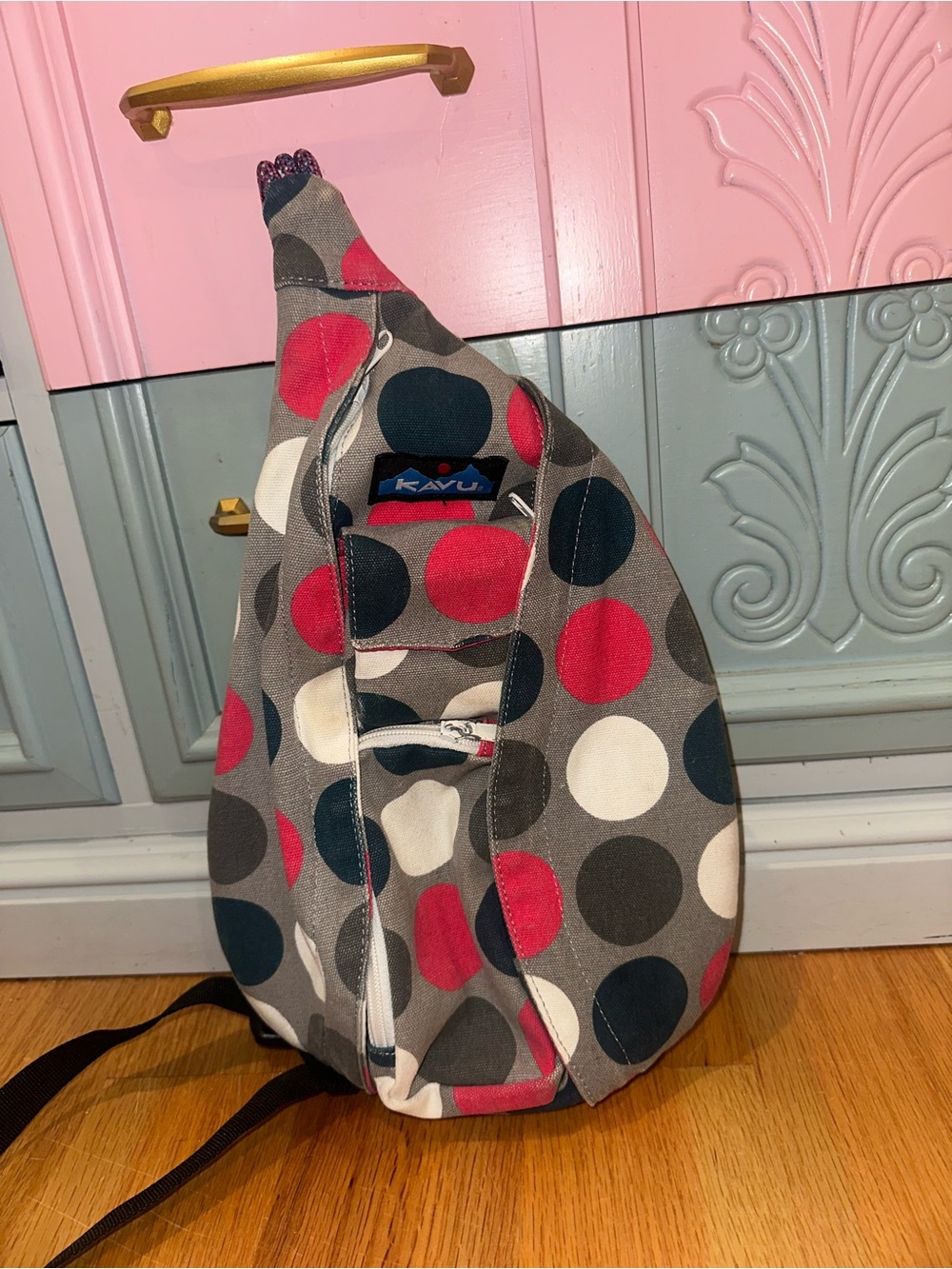 KAVU Polkadot Rope Sling Bag in Gray/Red/White
